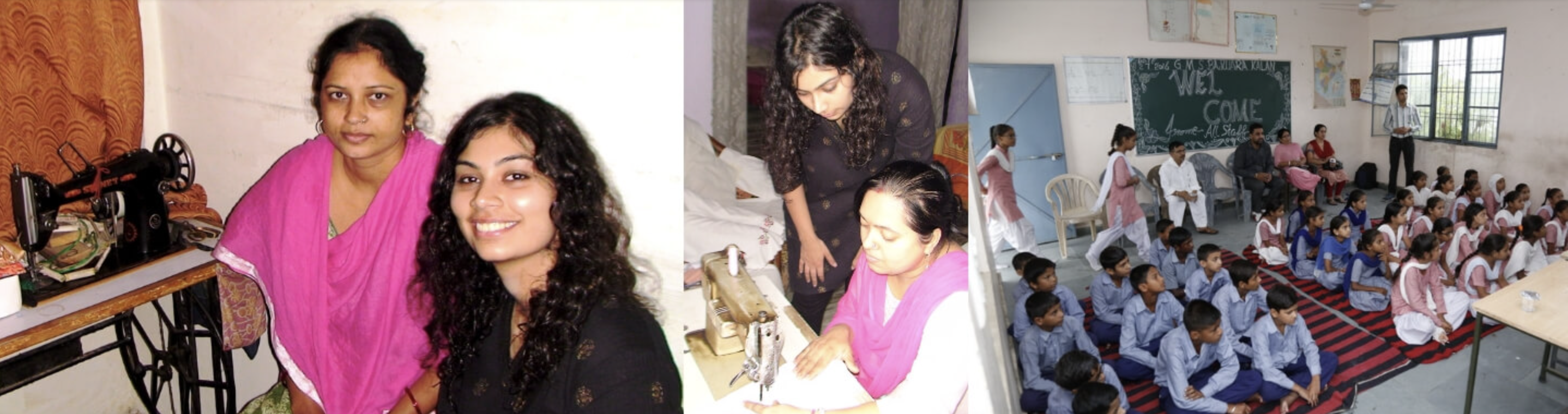 Women stitching, training, and a classroom of students supported by the Mission